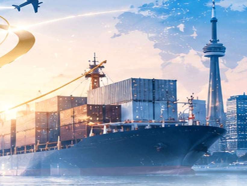Cargo ship and port infrastructure representing international trade